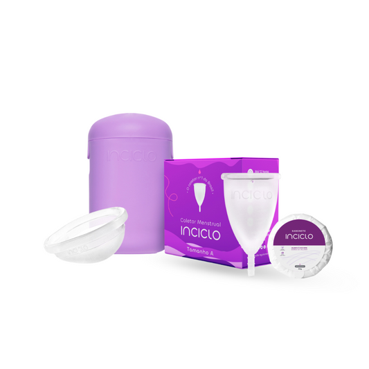 Coletor Menstrual + Disco Menstrual+ Cápsula Esterilizadora Lavanda + Sabonete Íntimo em Barra Inciclo